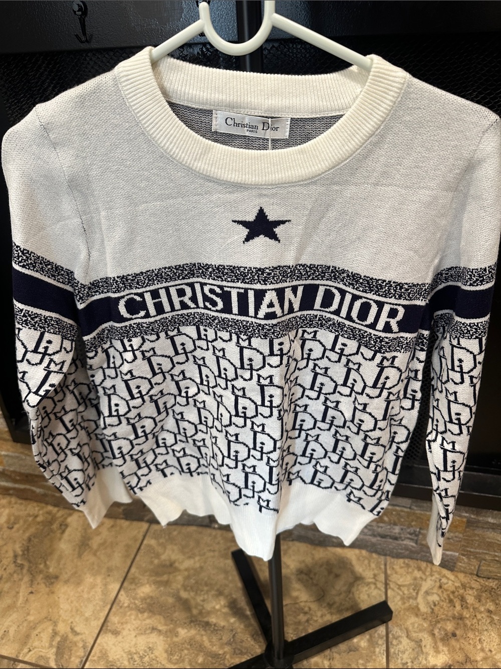 White and Navy Logo Knit Sweater with Star Detail size S